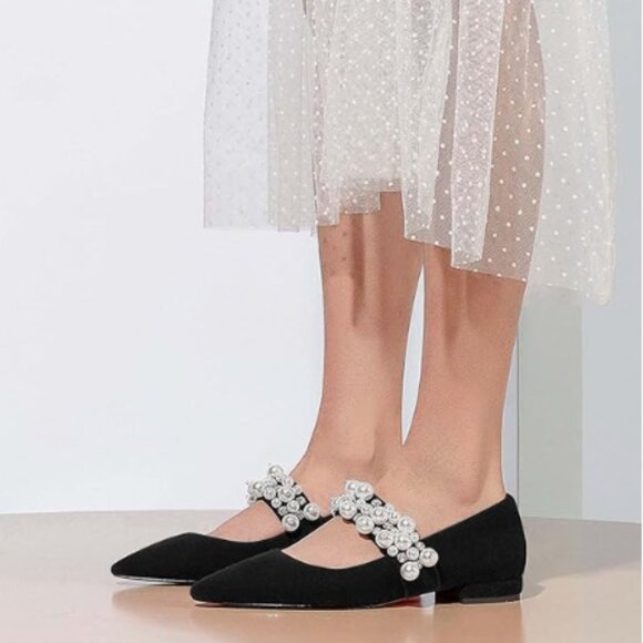 XYD Black Pointed Toe Velvet Pearl Strap Beaded Mary Janes Dress Shoes - Picture 1 of 8